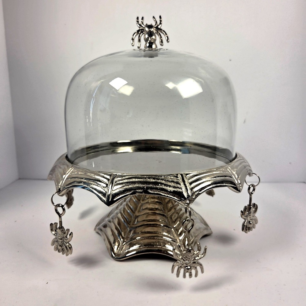 Spooky Hollow Halloween Spiderweb Cake Stand Glass Cloche Spiders Silver 12 Inch